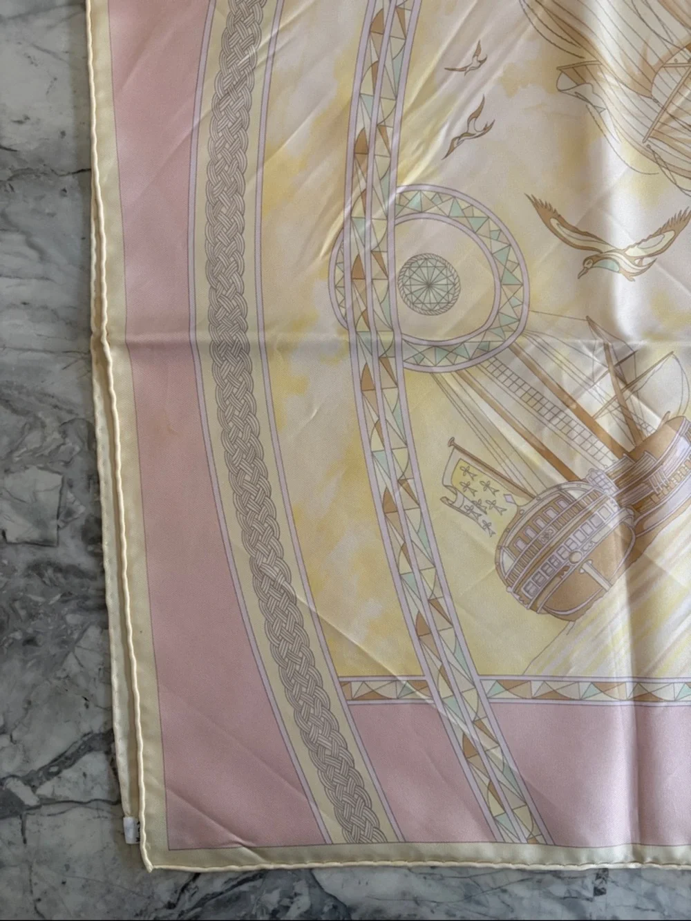 Vintage Hermès Frégates Magnifiques Silk Scarf, pastel pink, yellow and brown.